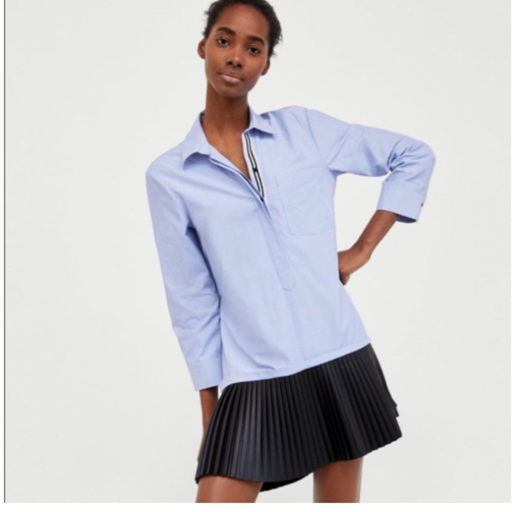 Shirt Dress with Pleated Leather Bottom